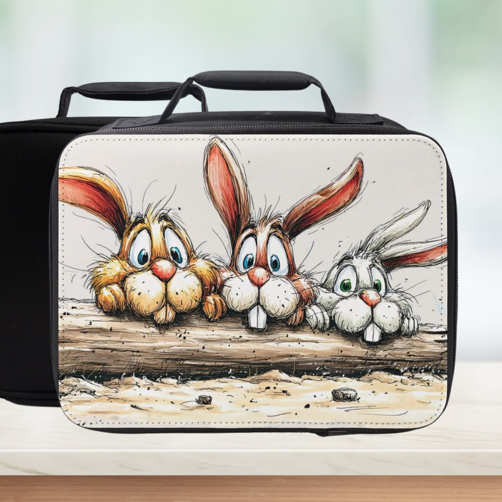 Black lunch bag with cartoon rabbit design on a wooden surface