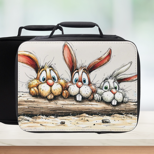 Black lunch bag with cartoon rabbit design on a wooden surface