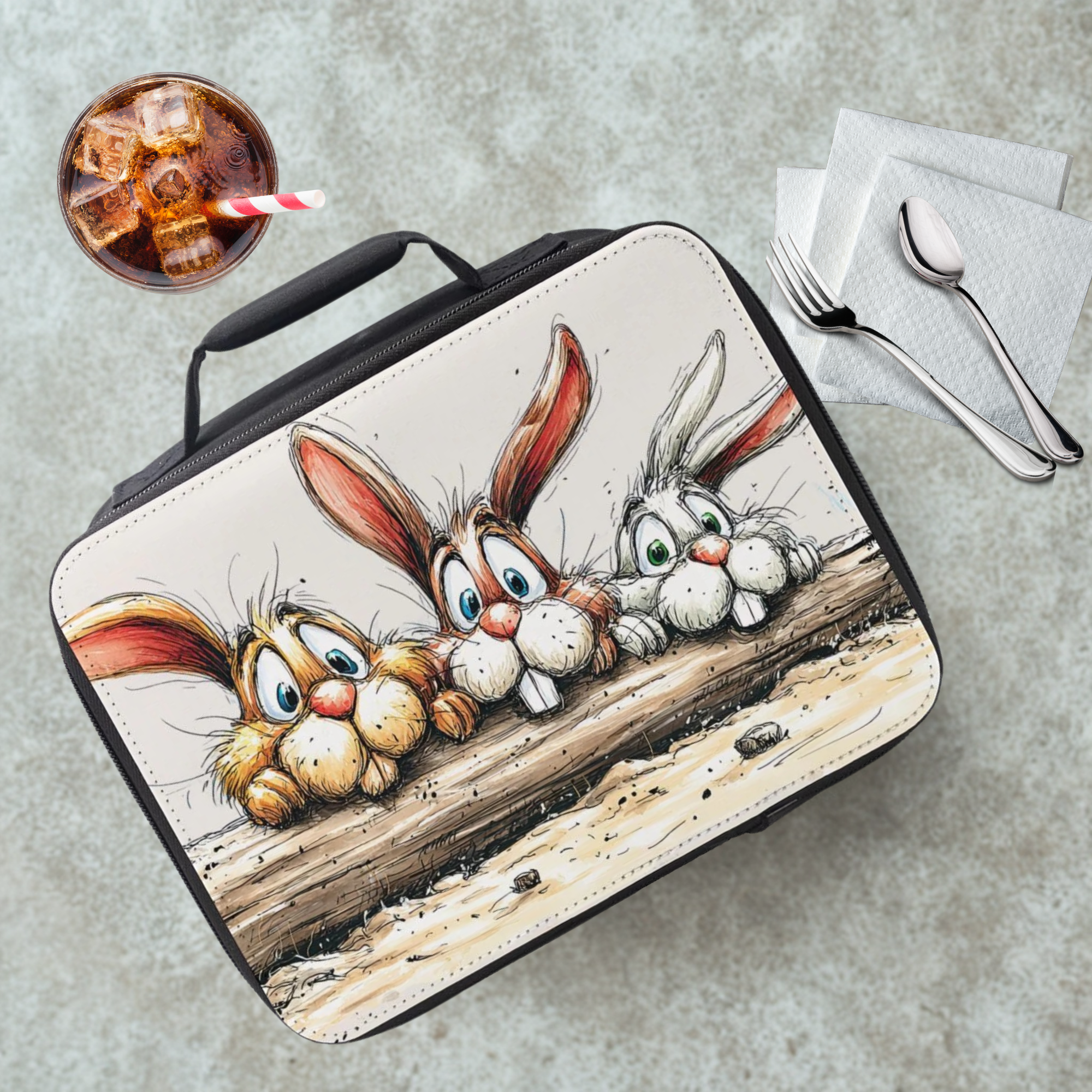 Lunch bag with cartoon rabbit design on a cafeteria table with a drink and utensils.
