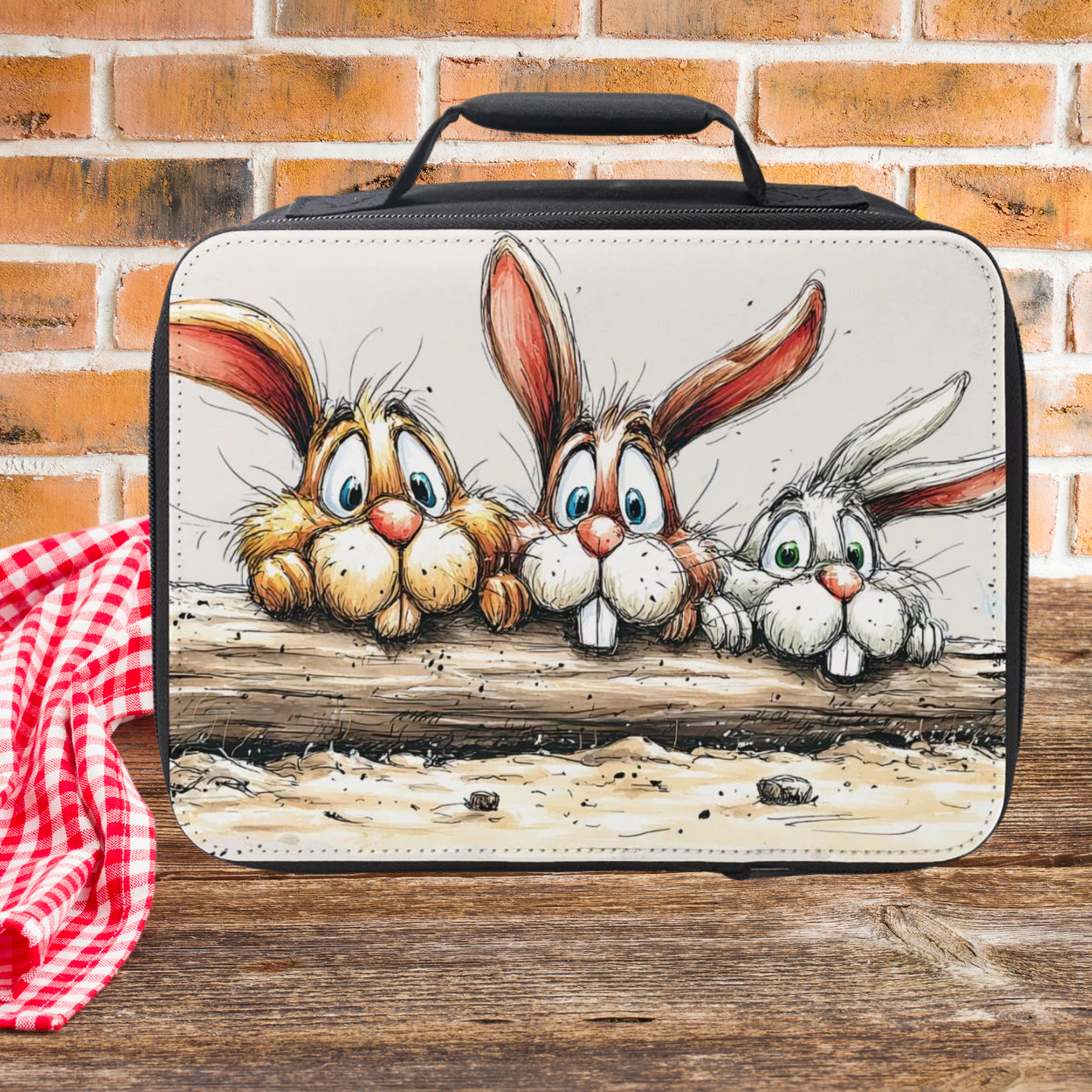 Lunch bag with cartoon rabbits design on a wooden picnic table and brick wall background