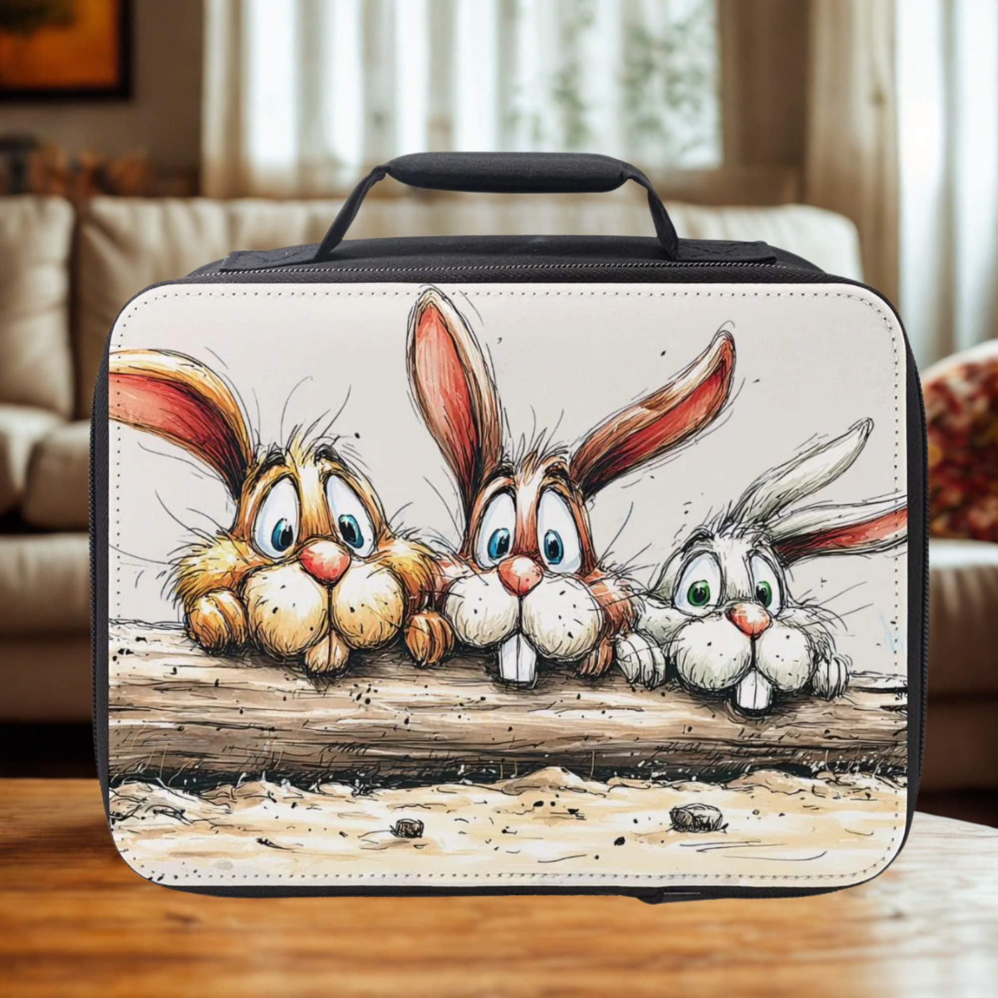 Lunch bag with cartoon rabbits design on a wooden surface