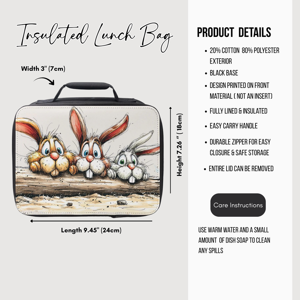 Insulated lunch bag with cartoon rabbits design, featuring dimensions and product details.