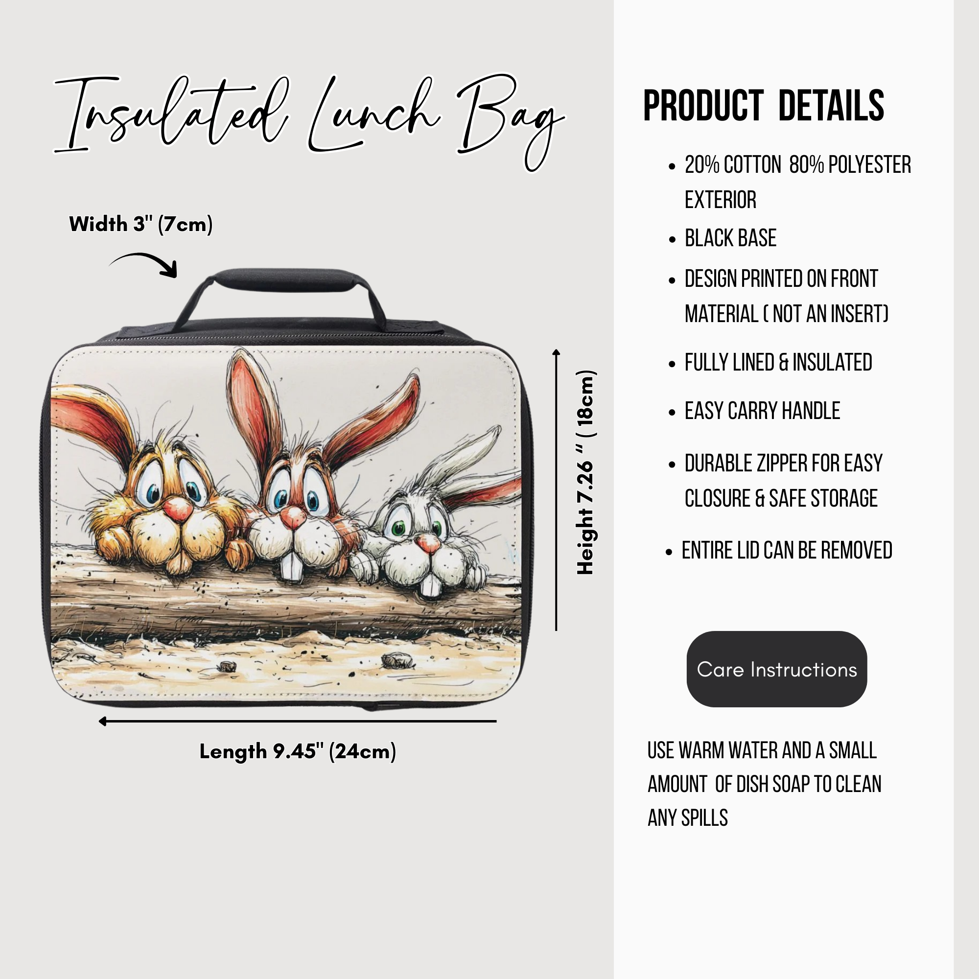 Insulated lunch bag with cartoon rabbits design, featuring dimensions and product details.