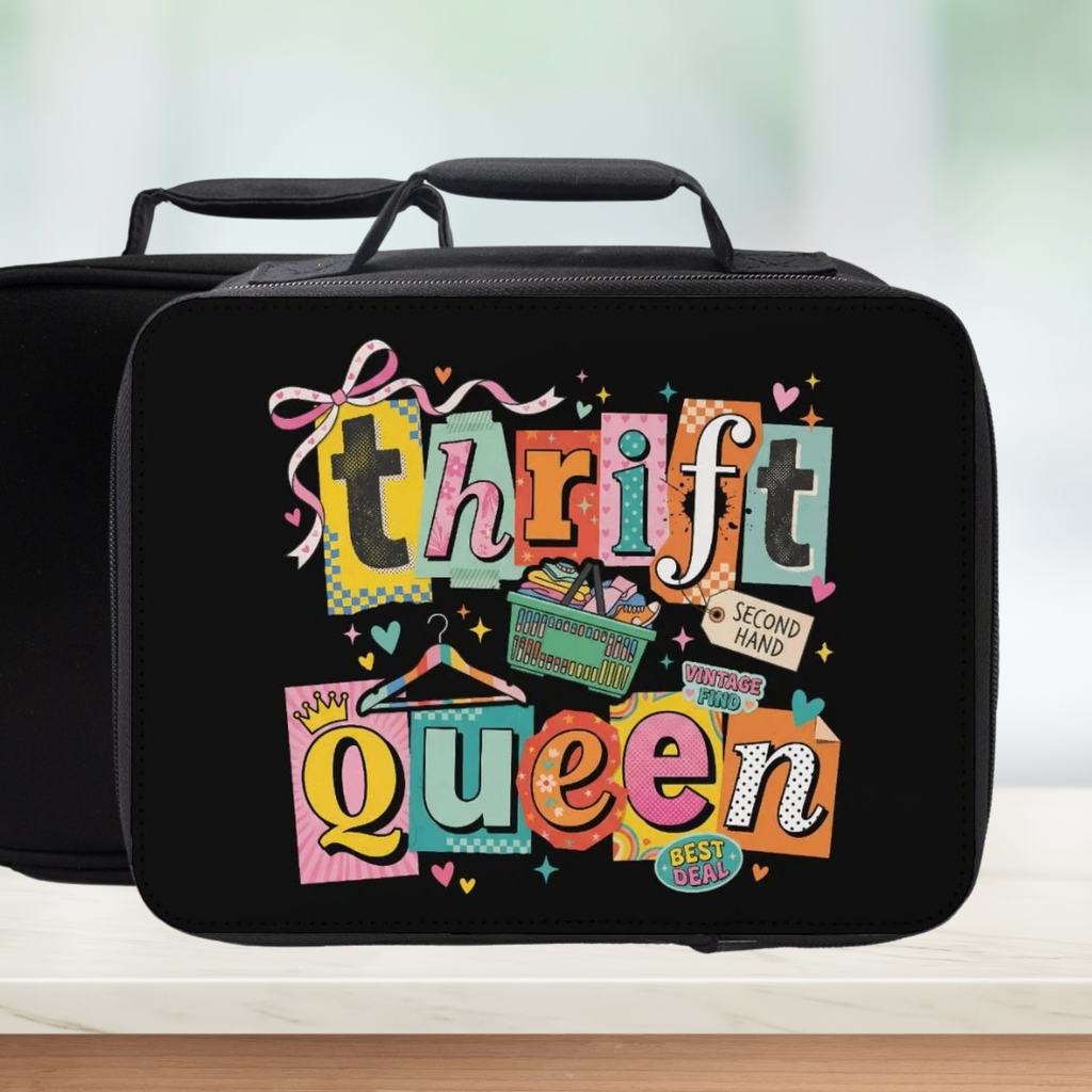 Black lunch bag with colorful 'Thrift Queen' text design on a light background