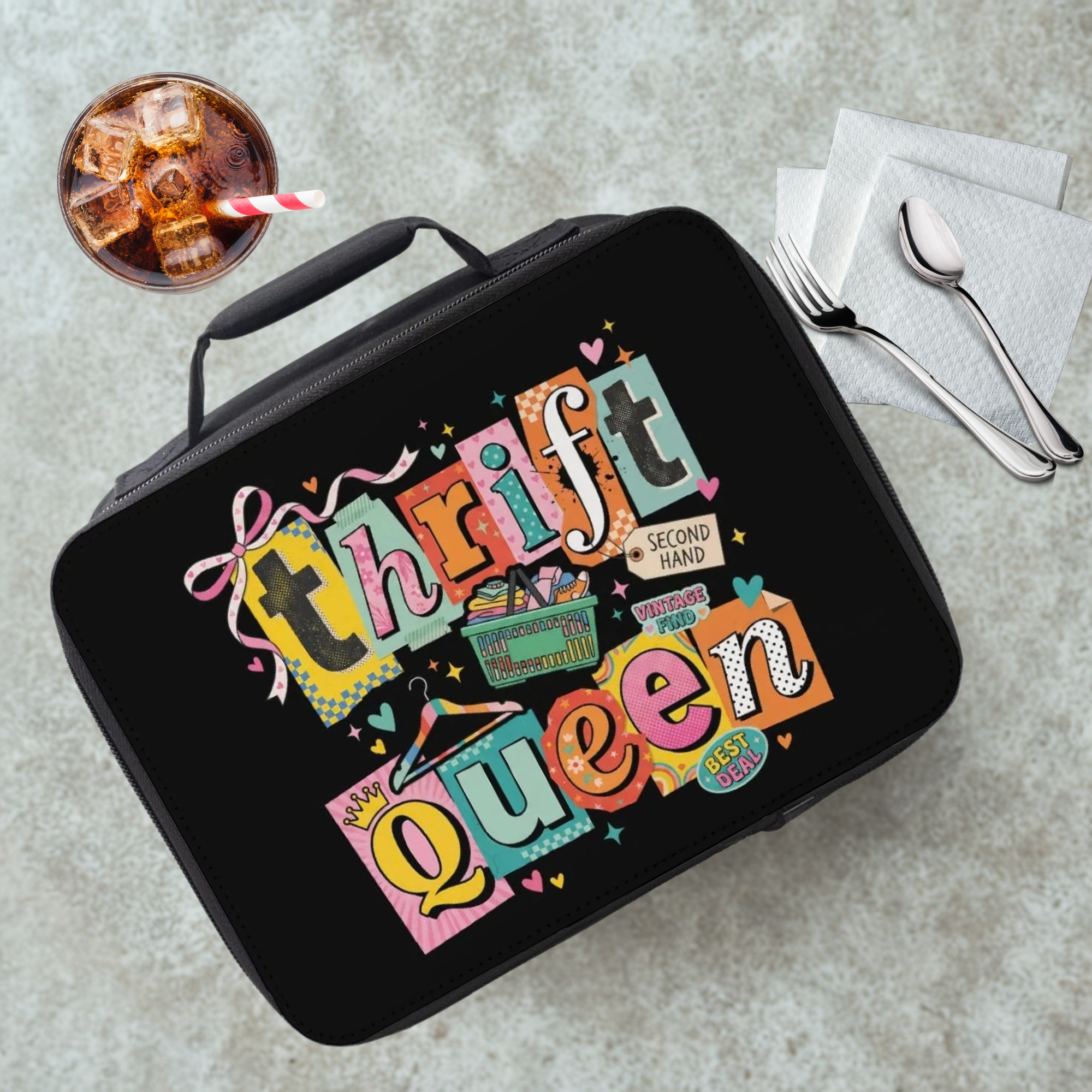 Black lunch box with colorful text 'Thrift Queen' on a gray table with a drink and utensils.