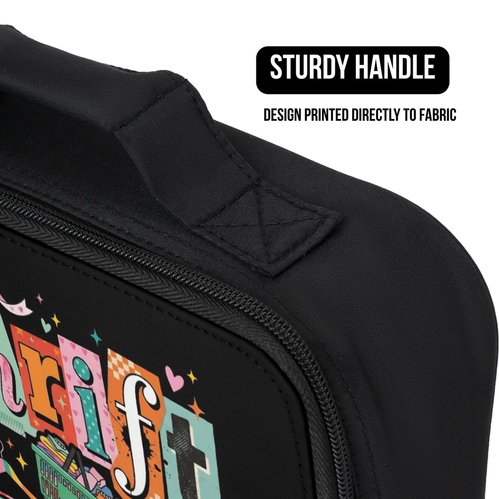 Black lunch bag with colorful design and sturdy handle on a white background