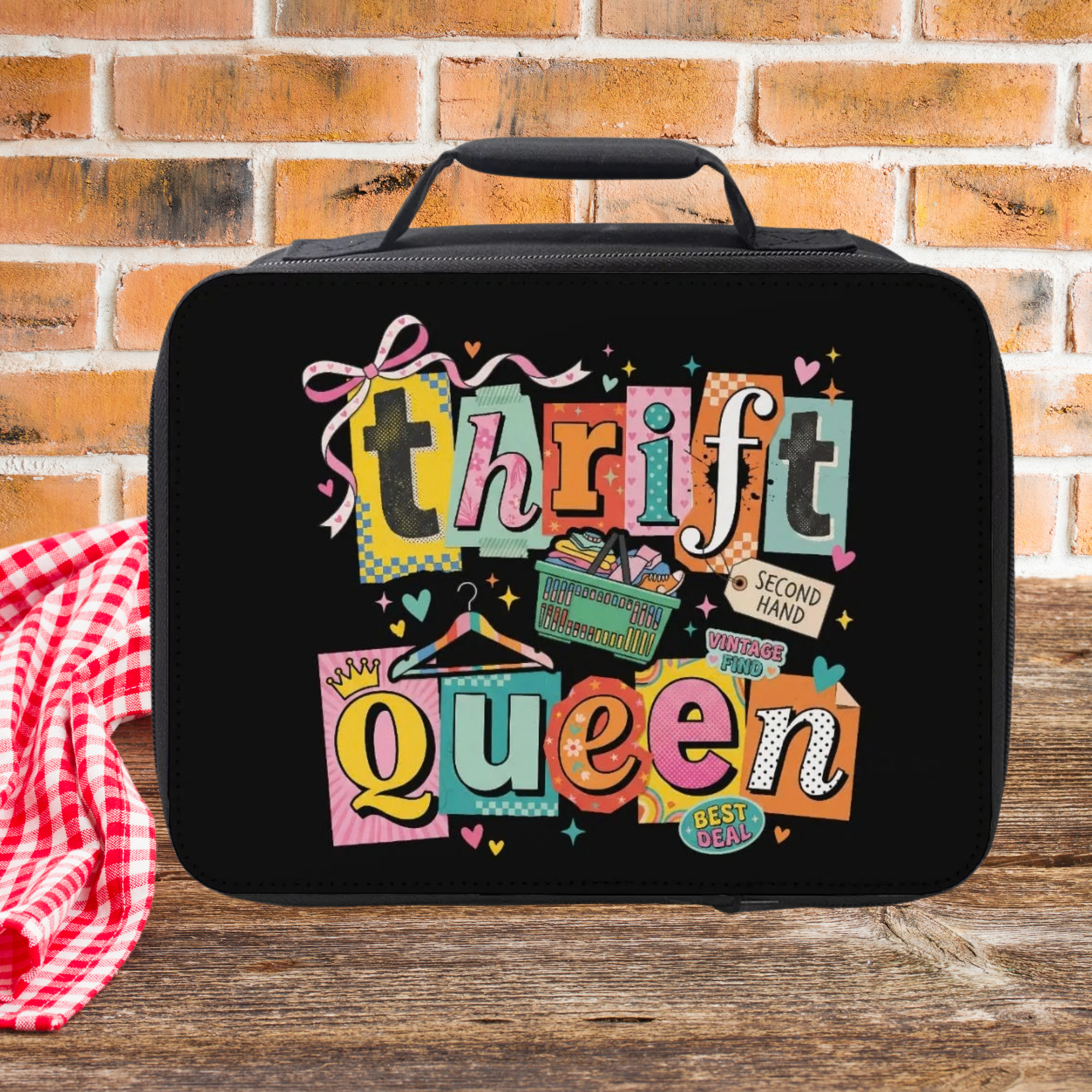 Black lunch bag with colorful 'Thrift Queen' text design on a picnic table against a brick wall background