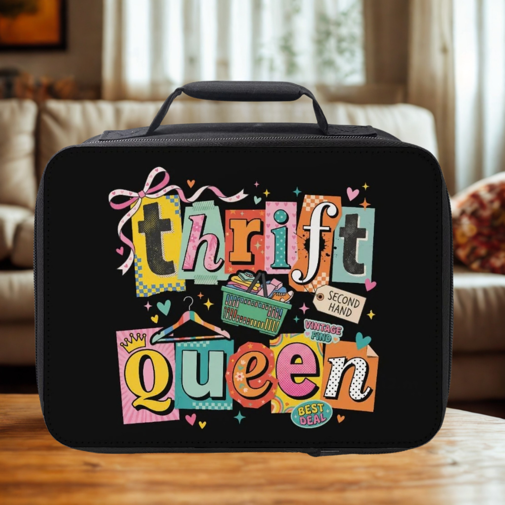 Black lunch bag with colorful 'Thrift Queen' text design on a wooden living room table.