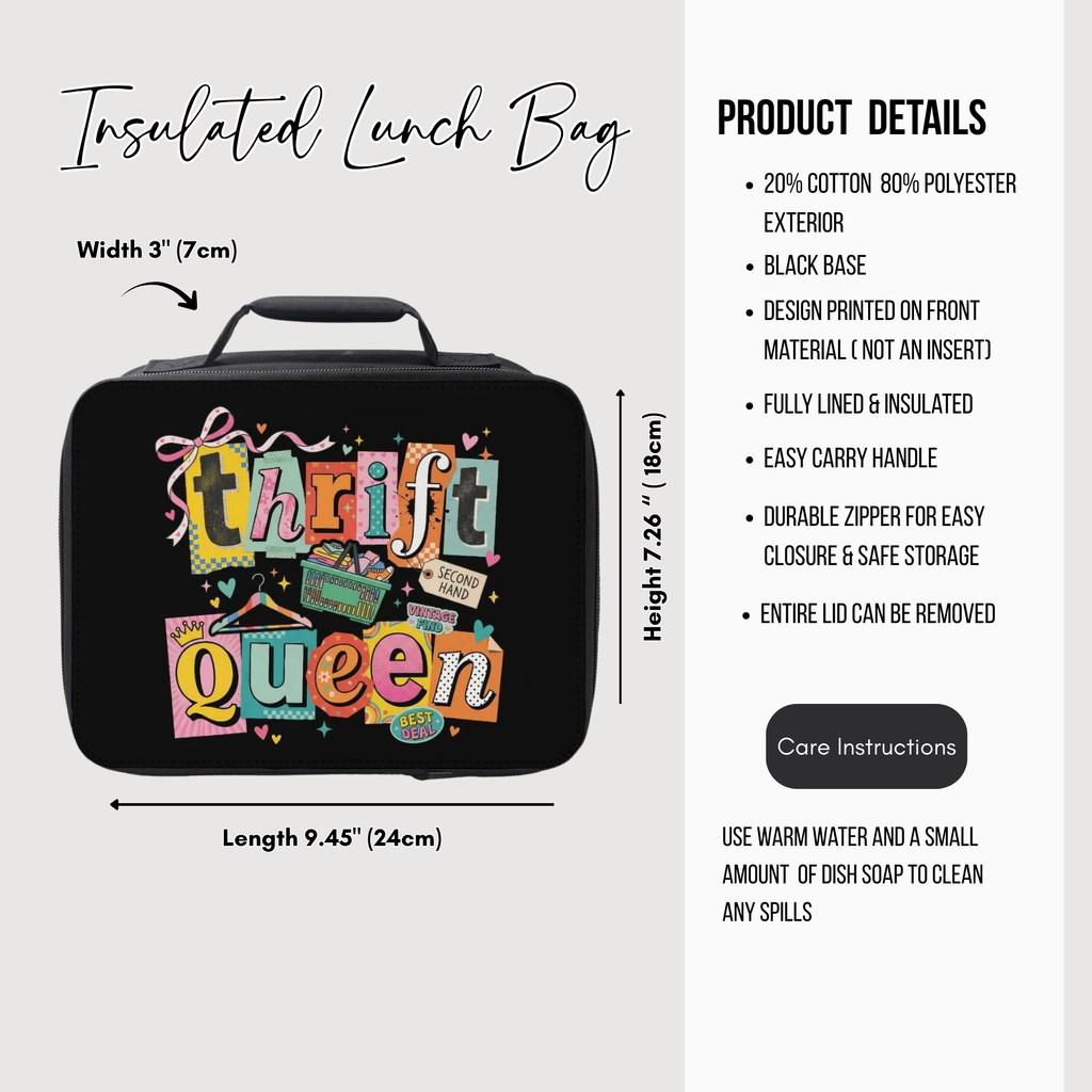 Insulated lunch bag with 'Thrift Queen' design and product details on a white background