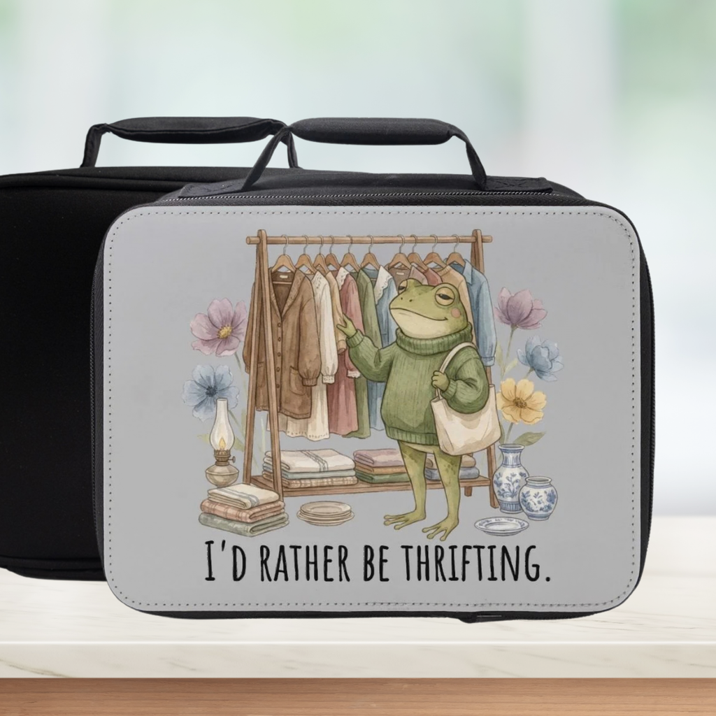 Lunch box with a frog illustration and 'I'd rather be thrifting' text on a blurred background