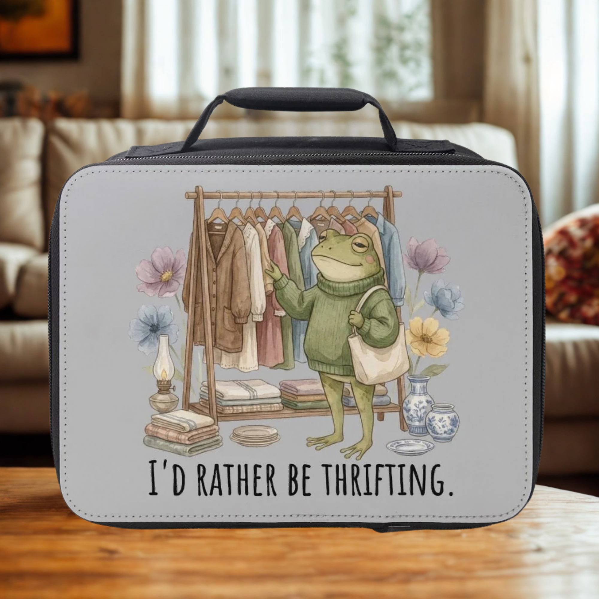 Lunch bag with a frog design and text 'I'd Rather Be Thrifting' on a wooden surface.