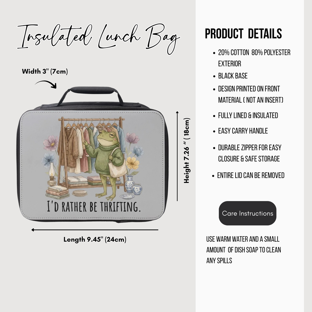 Insulated lunch bag with frog design and product details on a white background