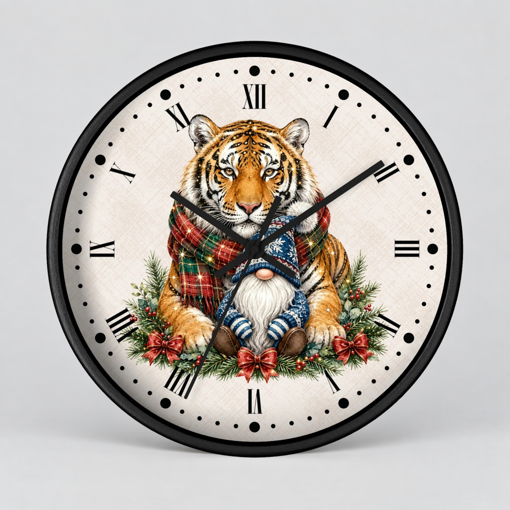 Round wall clock with a black frame and Roman numerals, featuring a festive illustration of a tiger wrapped in a red plaid scarf, a small white-bearded gnome, and holiday greenery on a light background.