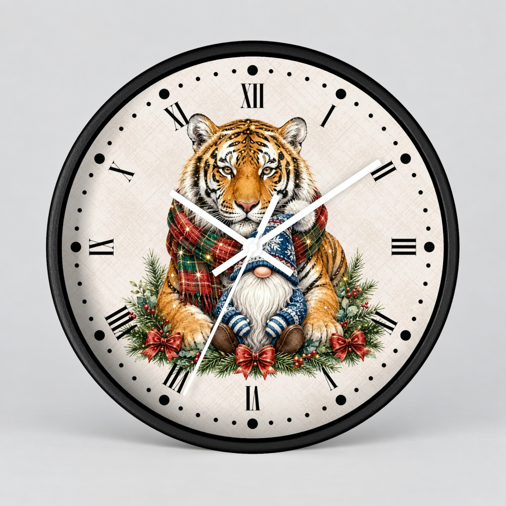 Round wall clock with a black frame and a festive illustration of a tiger wrapped in a red plaid scarf, seated among green pine branches and red bows on an off-white face with black Roman numerals.