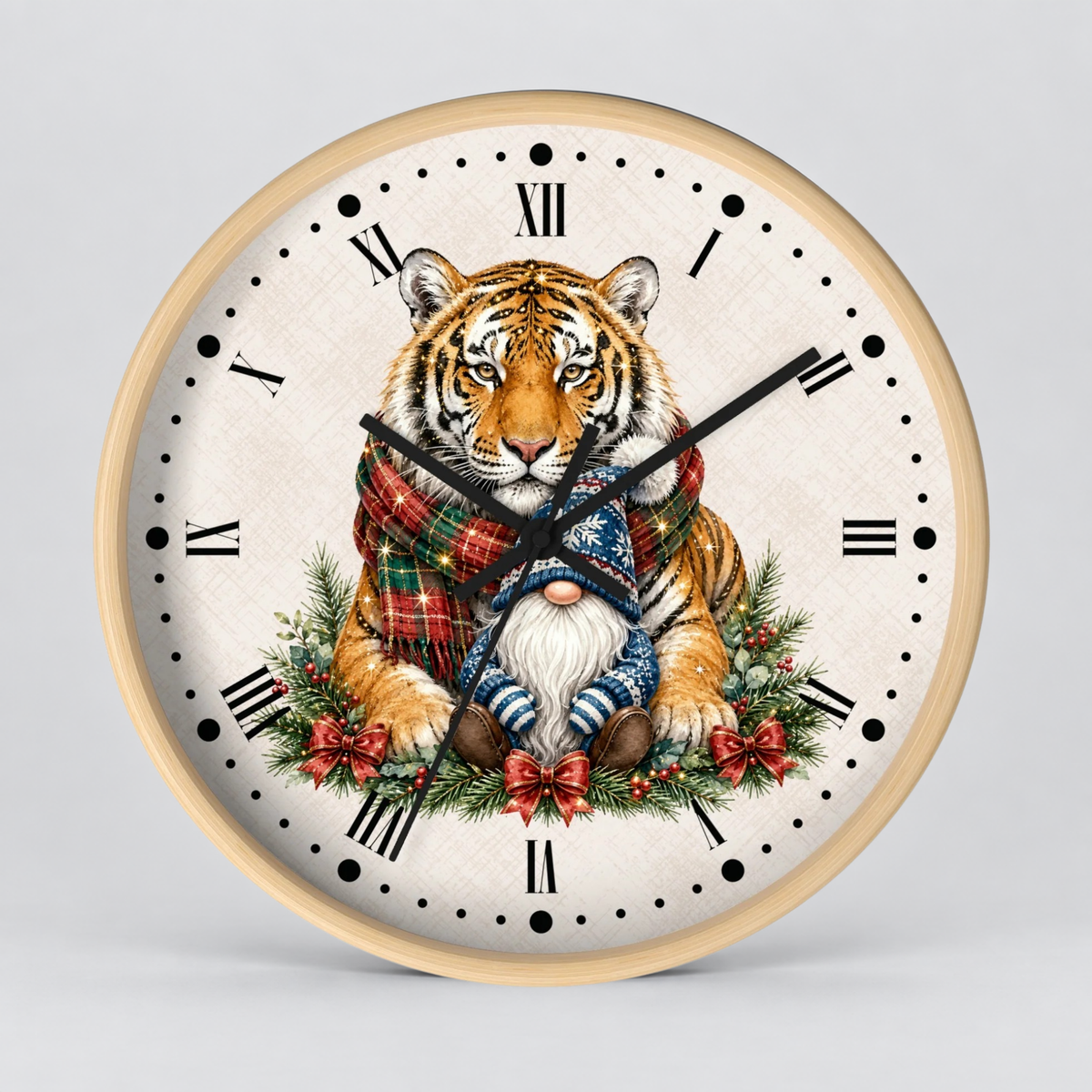 Tiger & Gnome Holiday Wall Clock — Festive Christmas Animal Home Decor