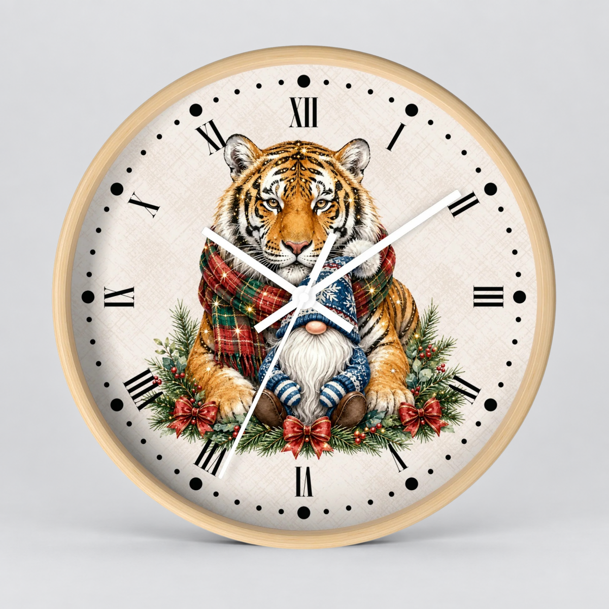 Tiger & Gnome Holiday Wall Clock — Festive Christmas Animal Home Decor