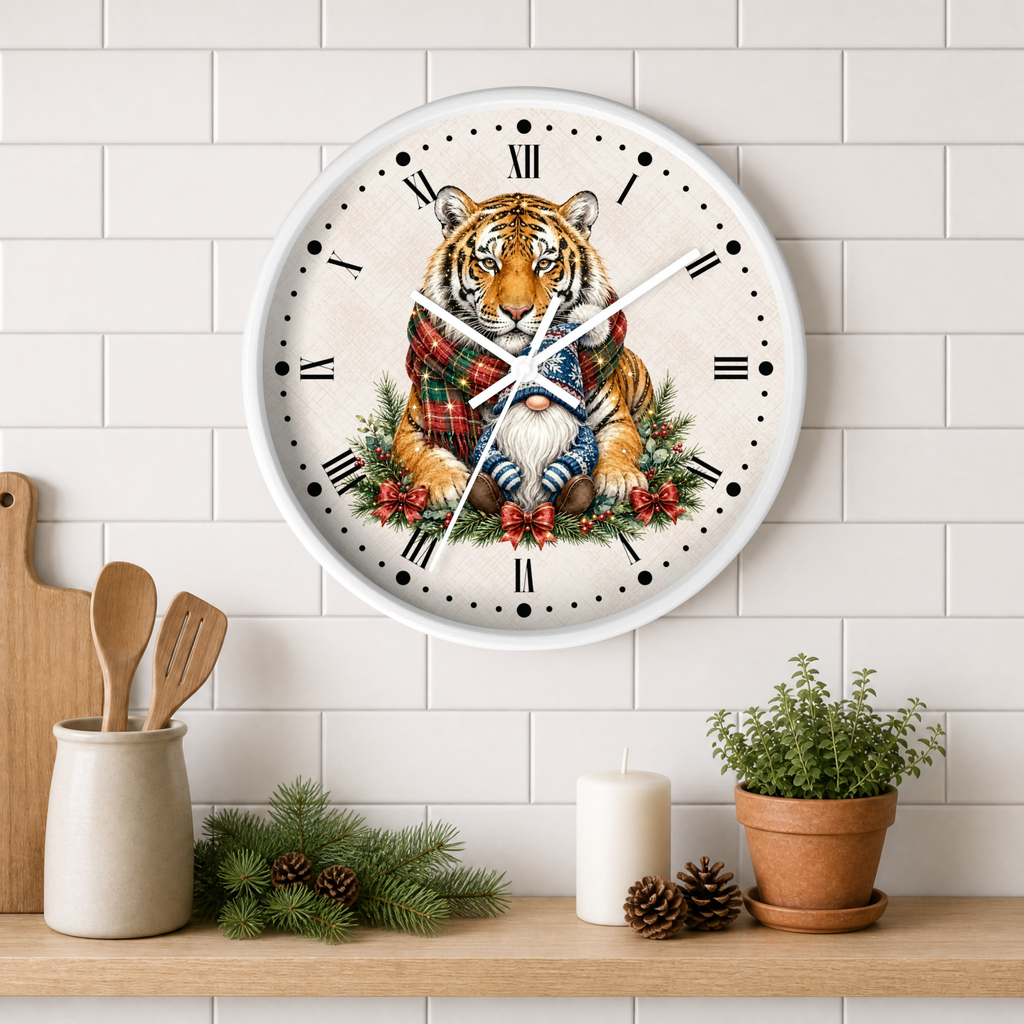 Tiger & Gnome Holiday Wall Clock — Festive Christmas Animal Home Decor