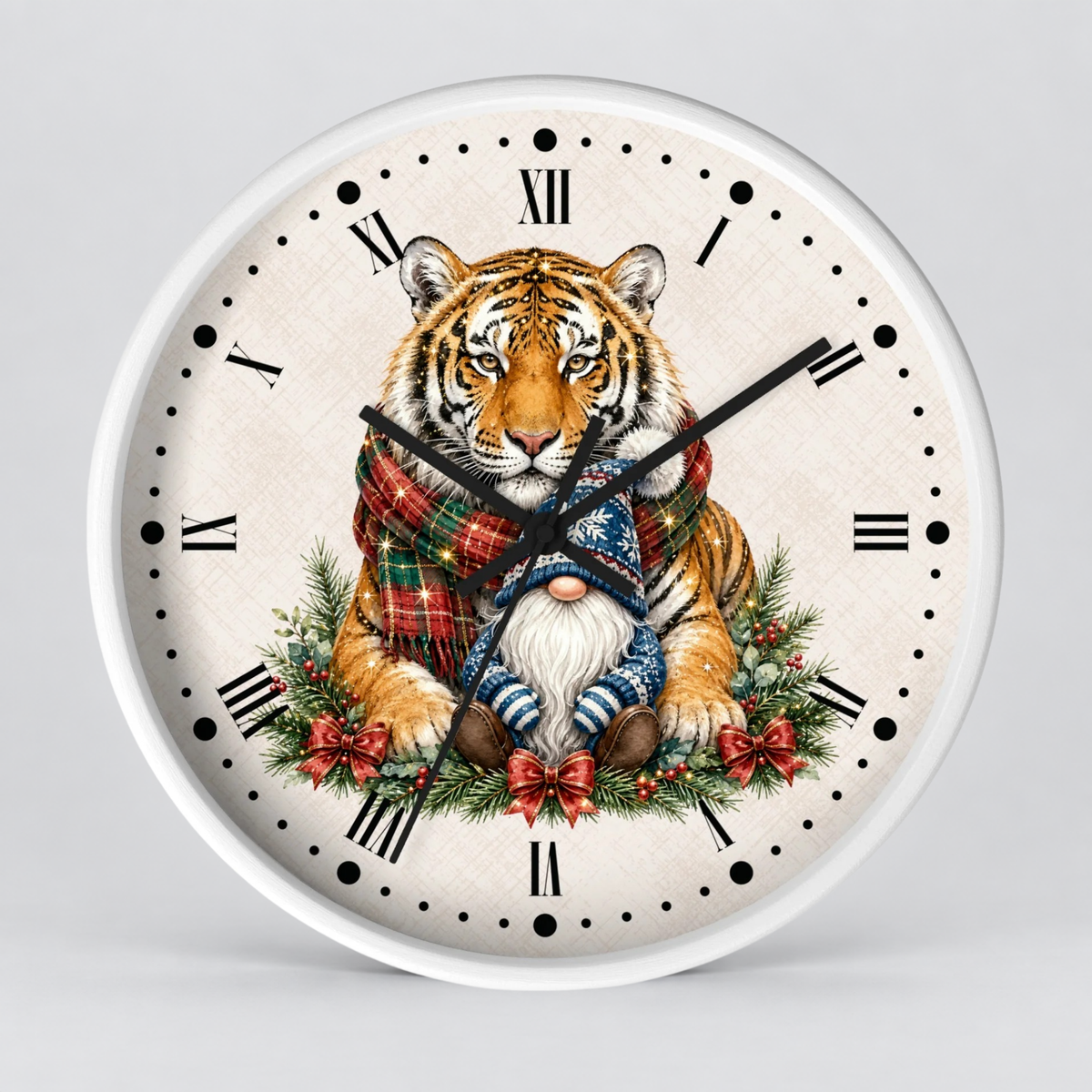 Tiger & Gnome Holiday Wall Clock — Festive Christmas Animal Home Decor