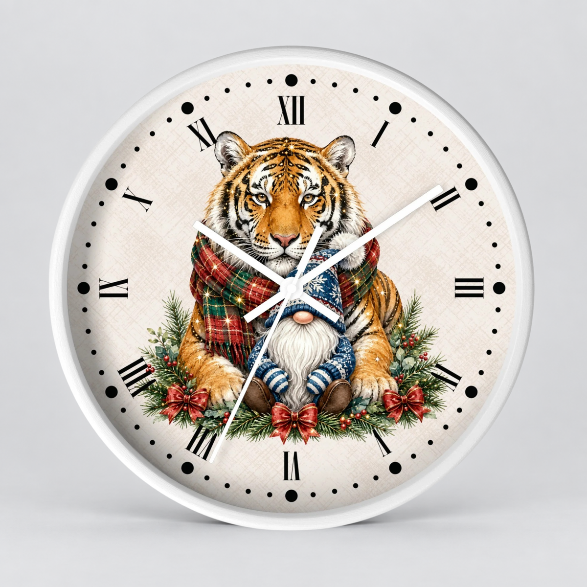 Tiger & Gnome Holiday Wall Clock — Festive Christmas Animal Home Decor
