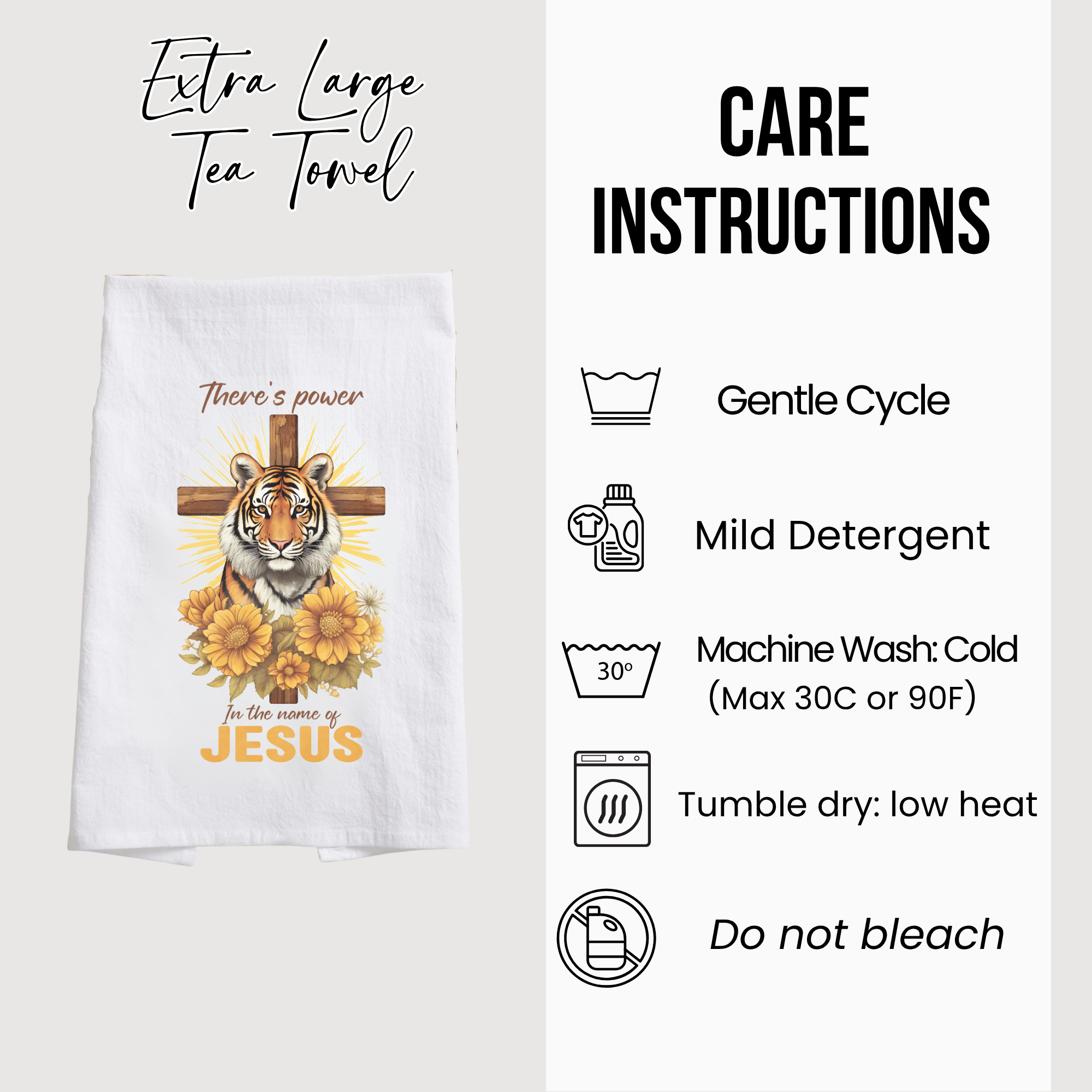 Tea towel with tiger and cross design, care instructions displayed.