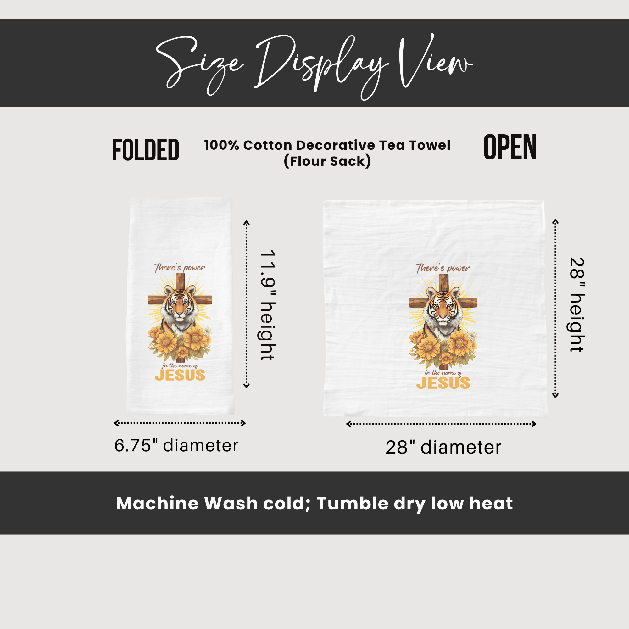 Size display view of a decorative tea towel with a tiger and sunflower design, featuring measurements and care instructions.