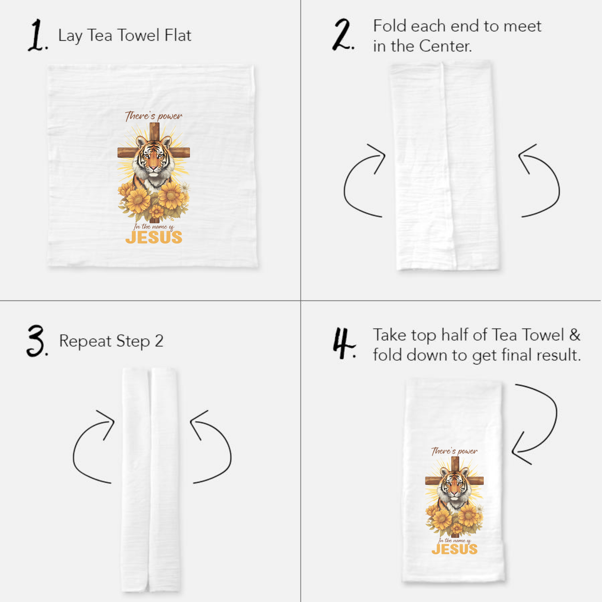 Instructions for folding a tea towel with a tiger and cross design.
