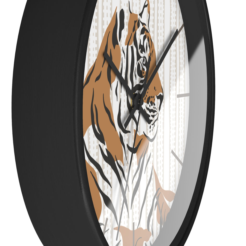 Wall clock with a tiger design on a white background