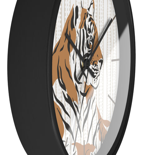 Wall clock with a tiger design on a white background