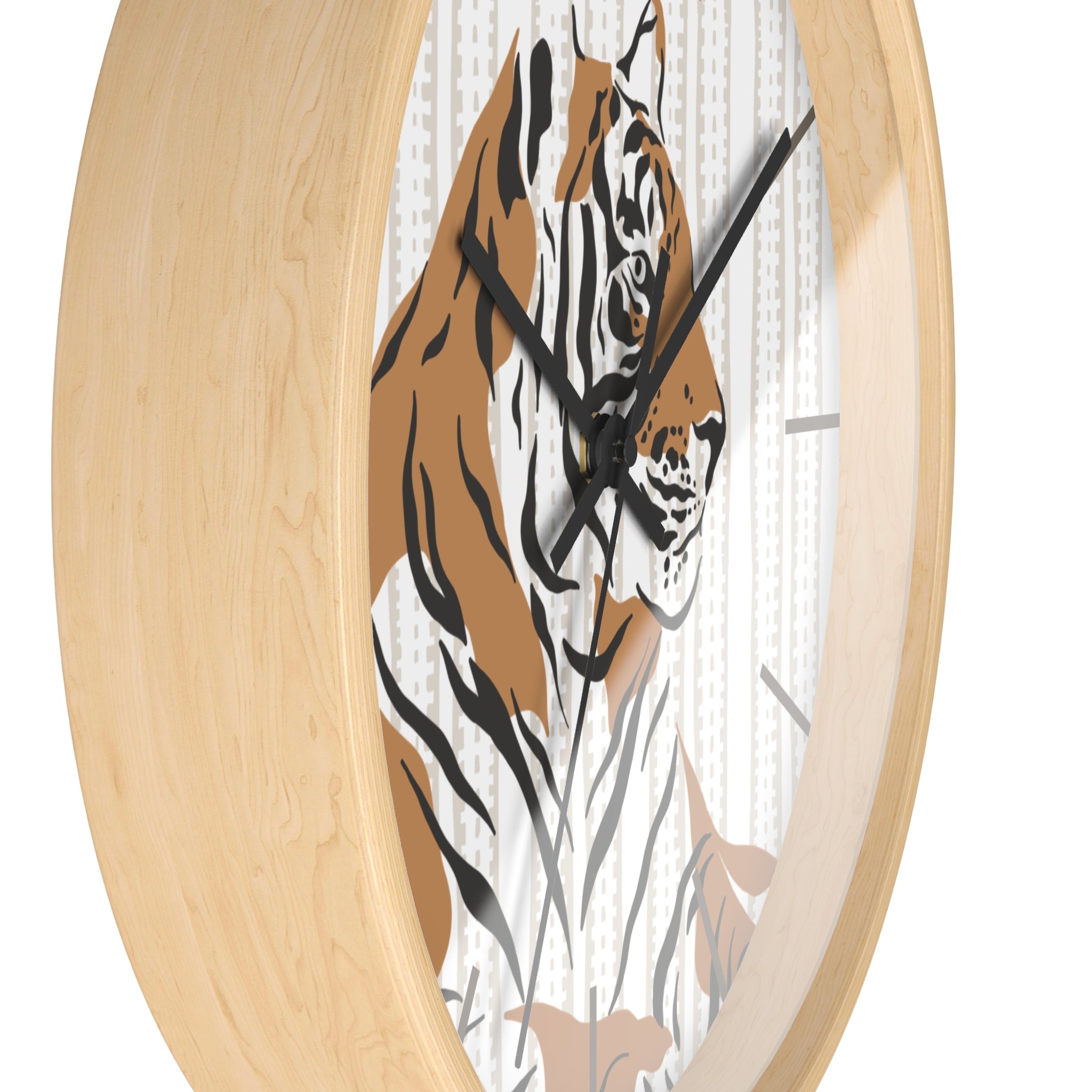 Side view of a round wood Wall clock with a tiger design on a white background