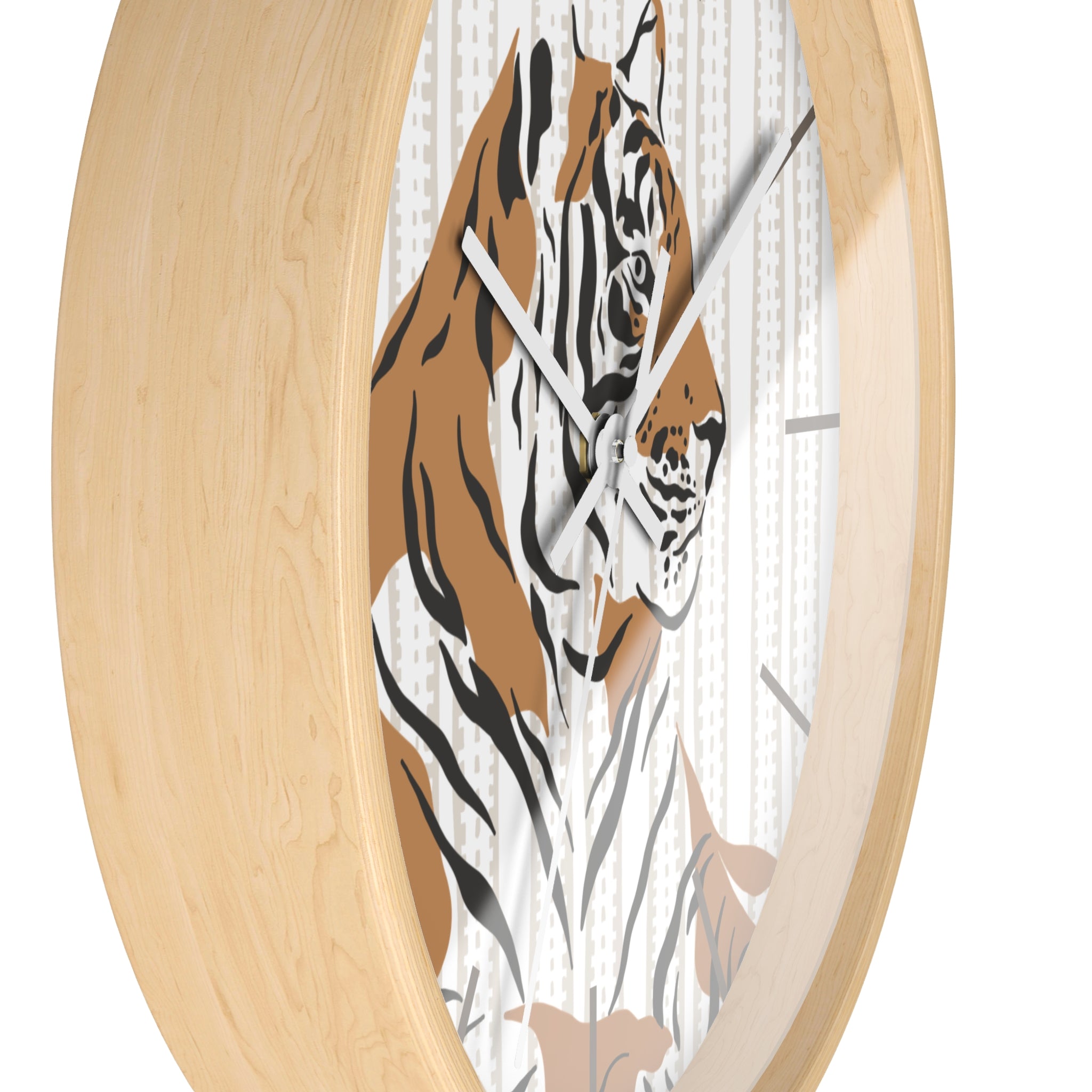 Wall clock with a tiger design on a white background