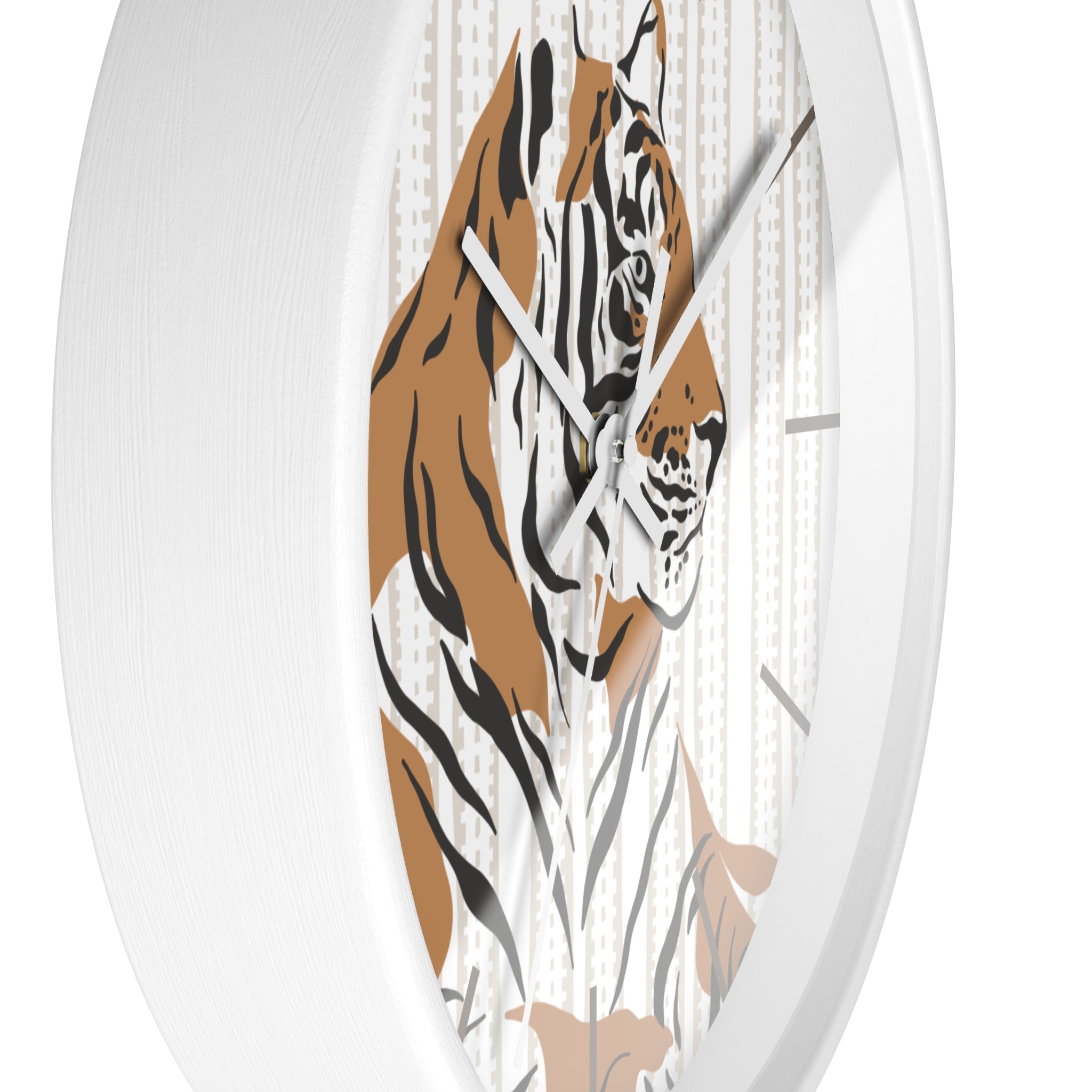 Side view of a round white wall clock with a tiger design on a white background