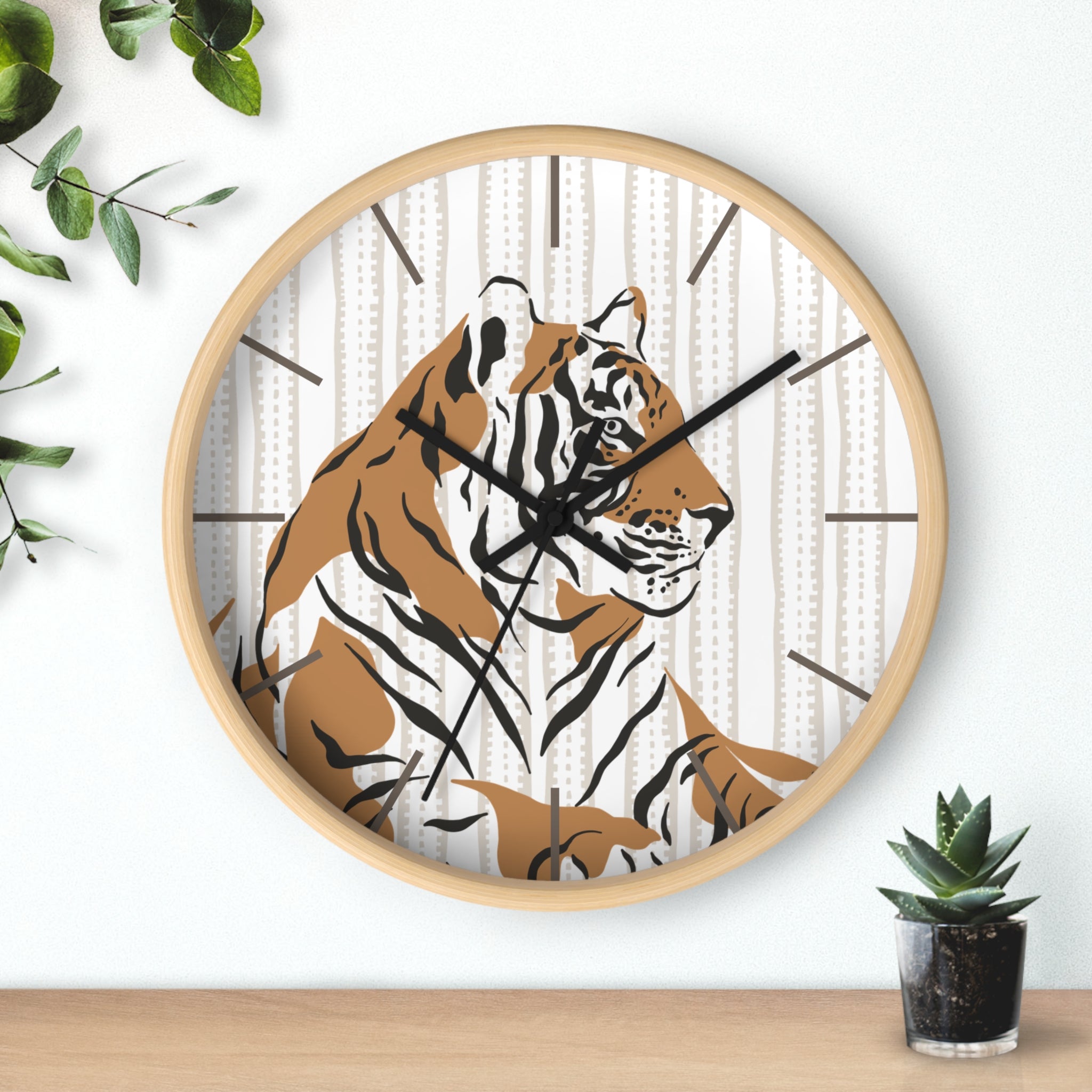 Round wood wall clock with a tiger design on a white background