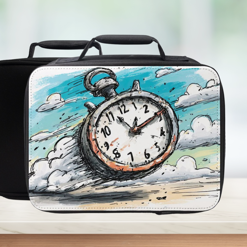 Black lunch bag with a cartoon clock design on a white background
