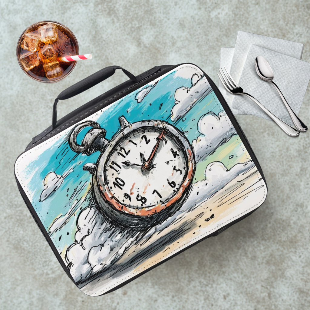 Lunch bag with a clock design on a cafeteria table with a drink and utensils.