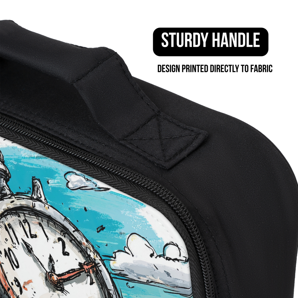 Black bag with a design of a clock and clouds, featuring a sturdy handle.