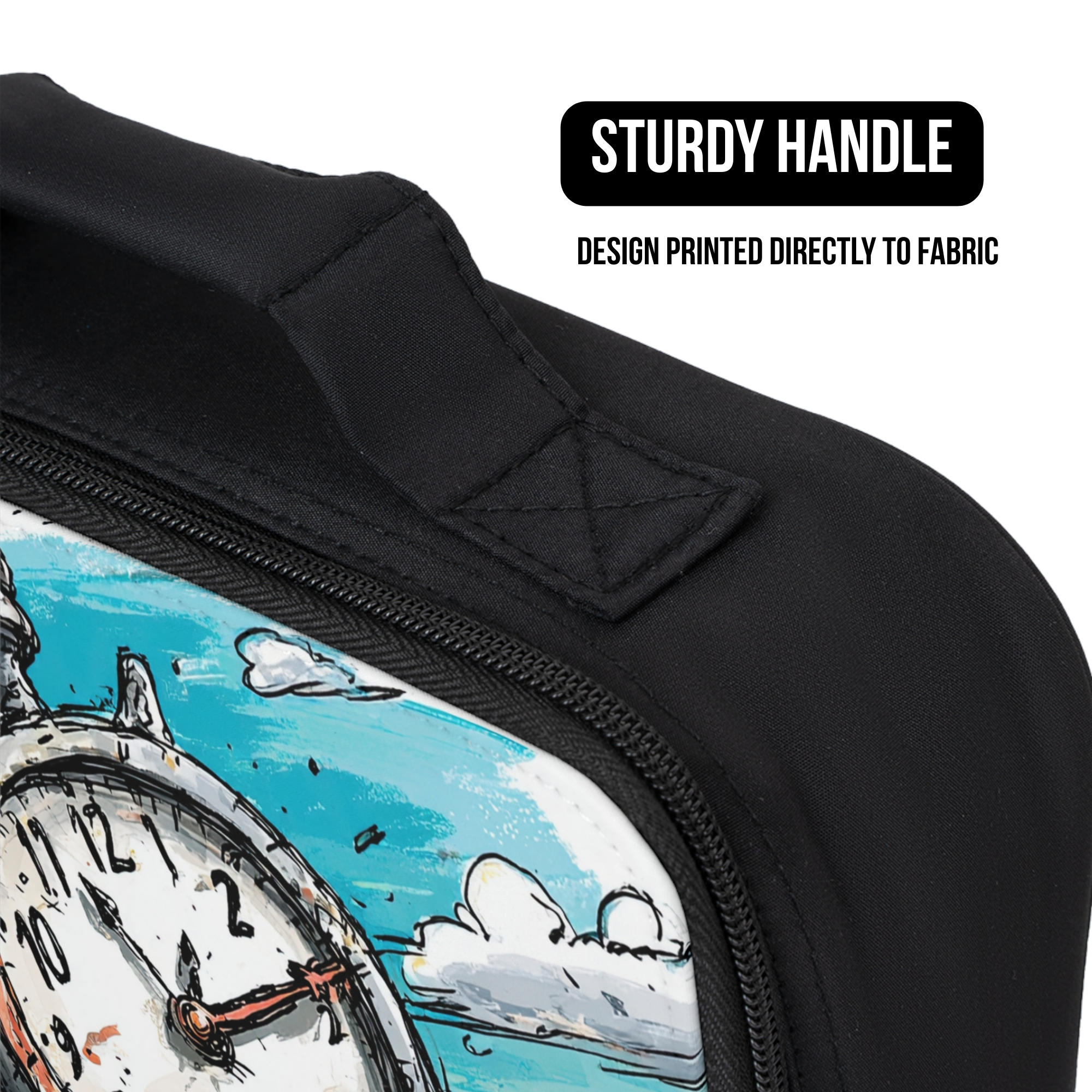 Black bag with a design of a clock and clouds, featuring a sturdy handle.