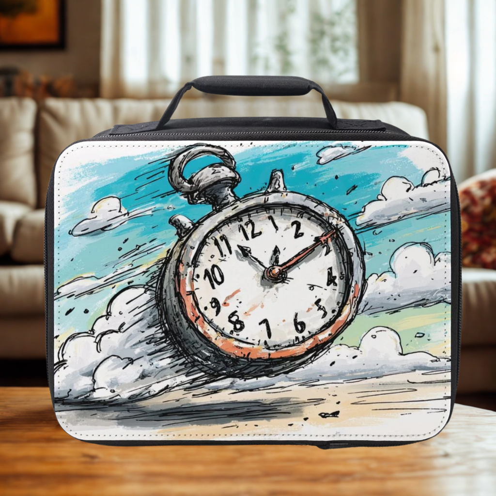  insulated lunch bag with a clock design on a wooden living room table.