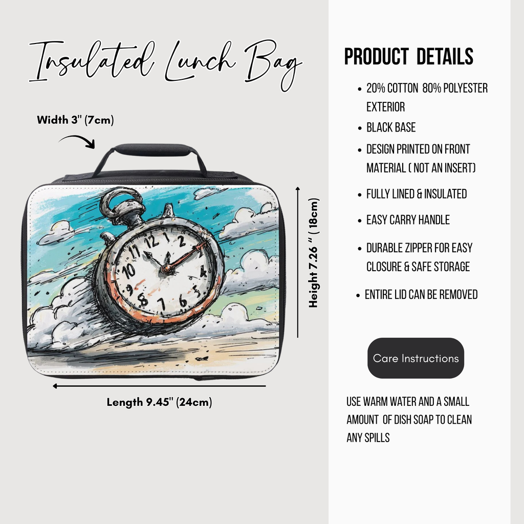 Insulated lunch bag with clock design and product details on a white background