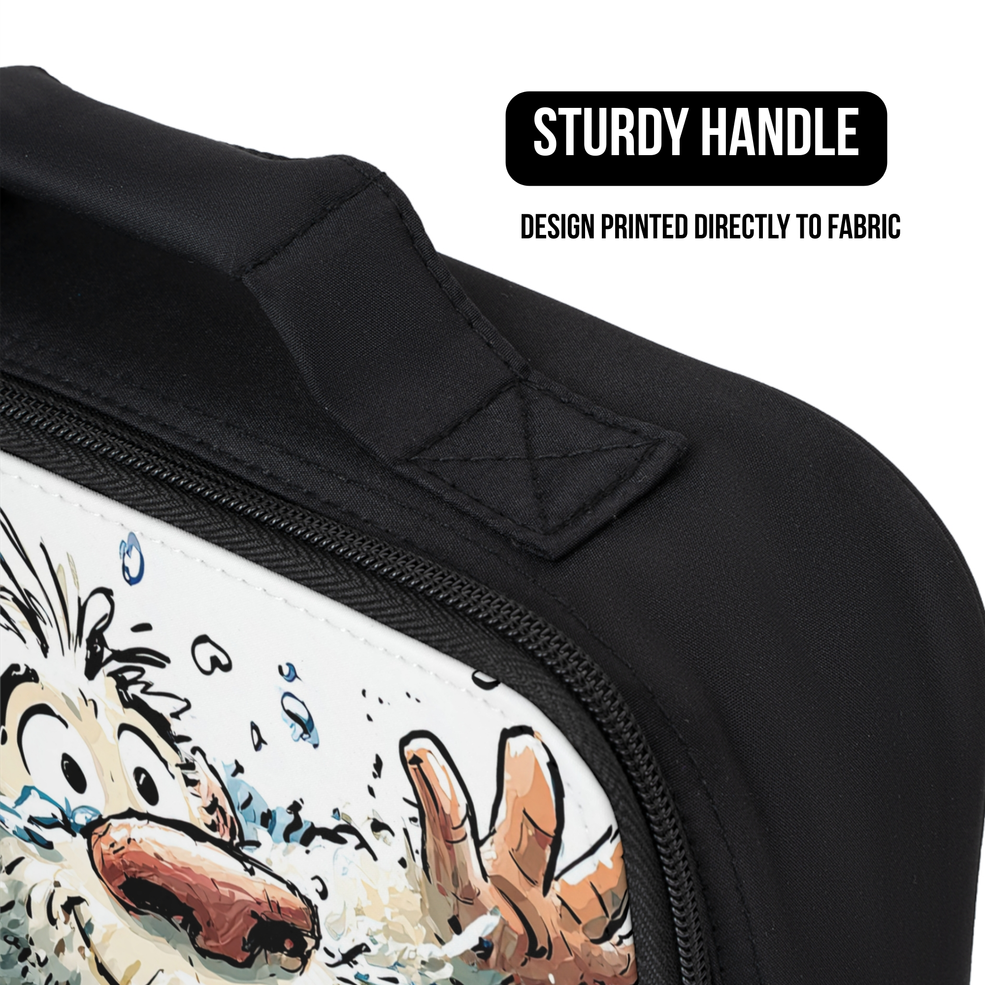 Black lunch bag with a cartoon design on the handle, featuring a sturdy handle and text indicating design printed directly to fabric.