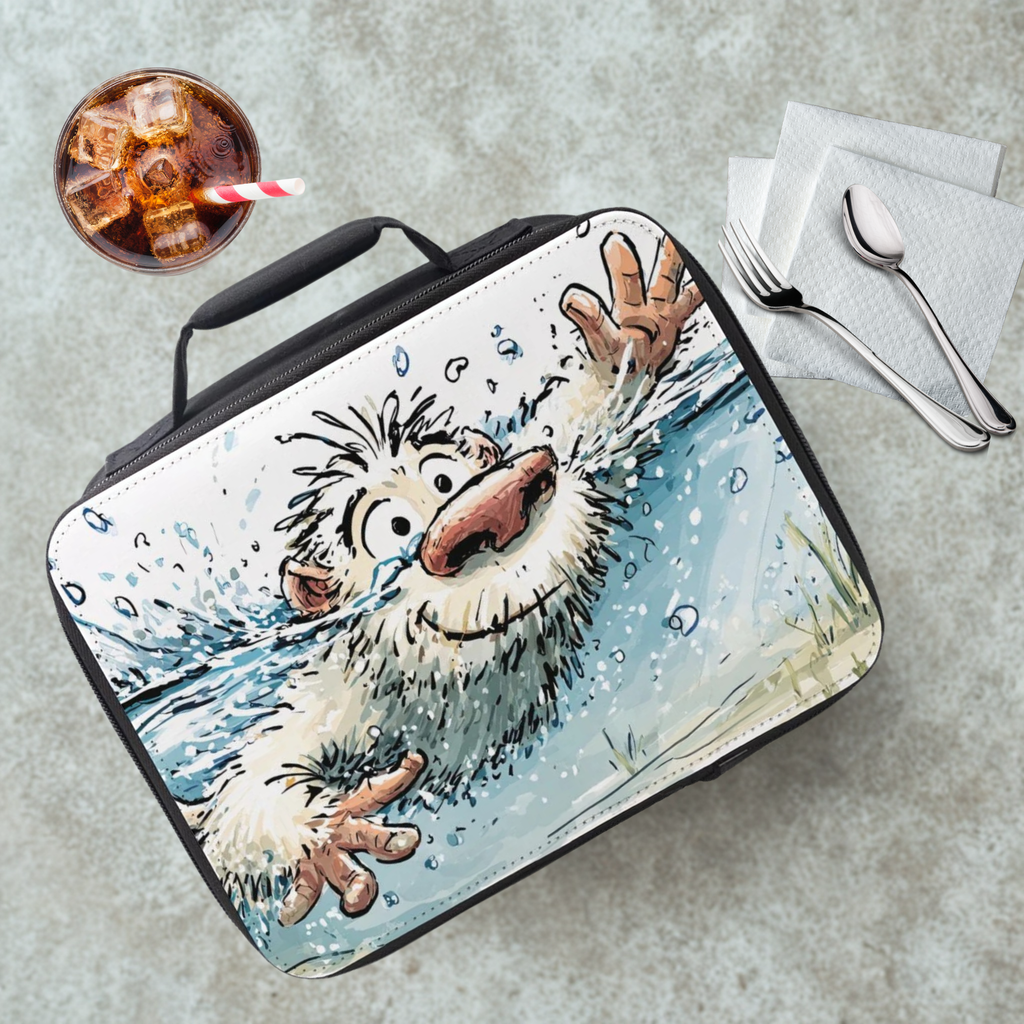 Lunch bag with a cartoon character Yeti (Sasquatch) swimming design on a cafeteria table with a drink and utensils.