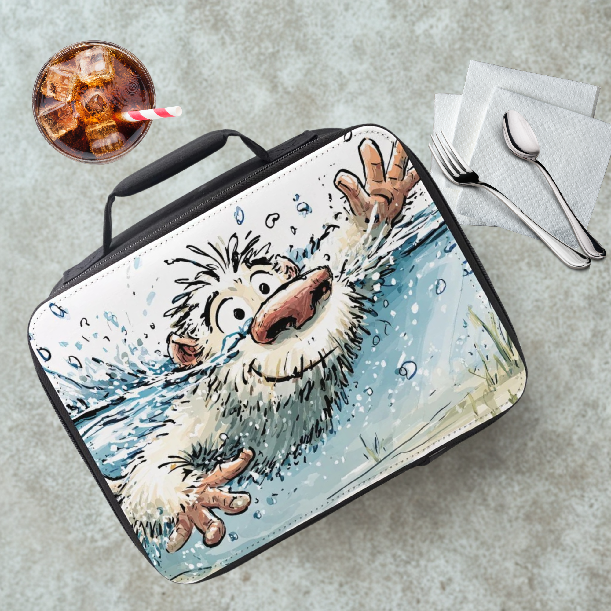 Lunch bag with a cartoon character Yeti (Sasquatch) swimming design on a cafeteria table with a drink and utensils.