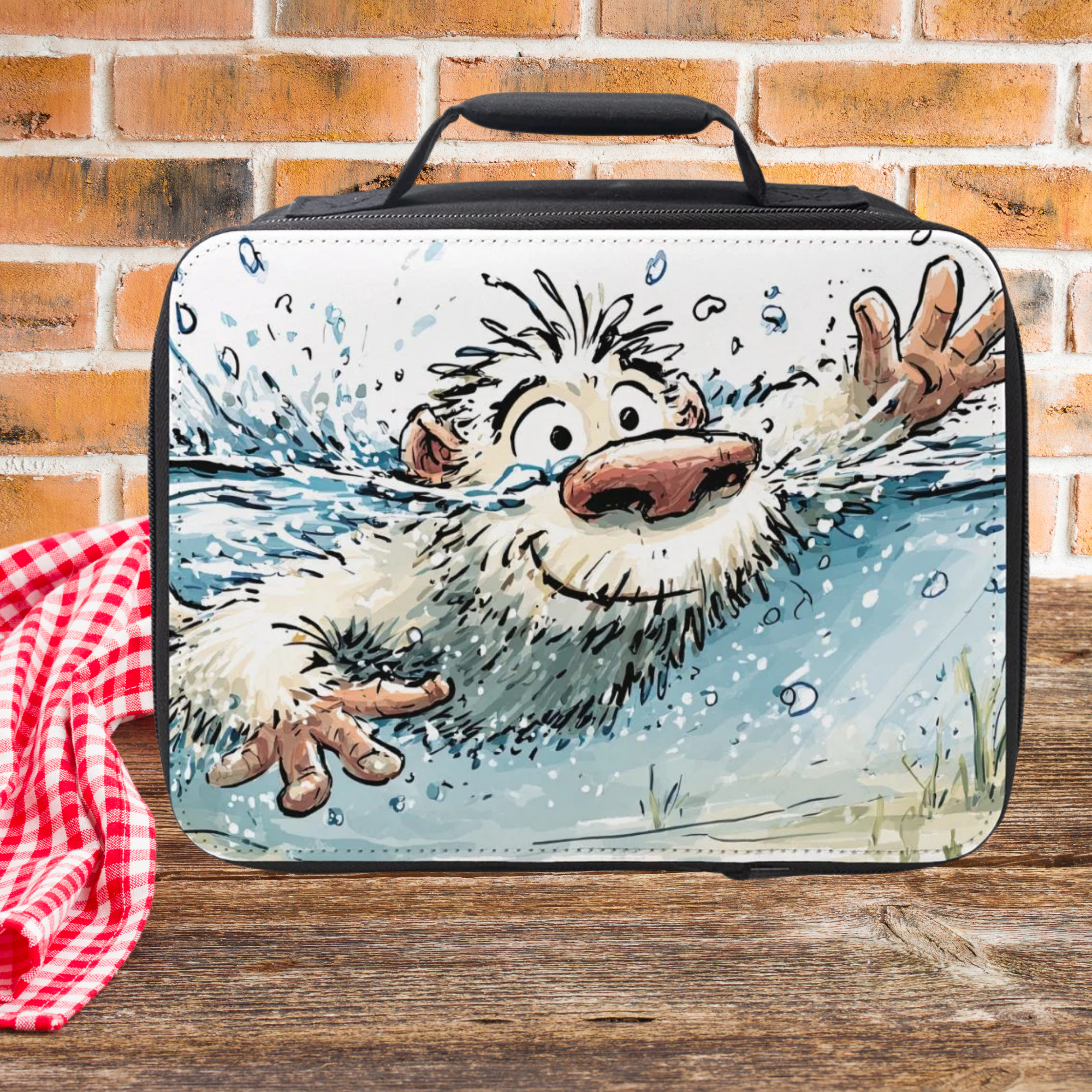 Lunch bag with cartoon character sasquatch design on a wooden table and brick wall background