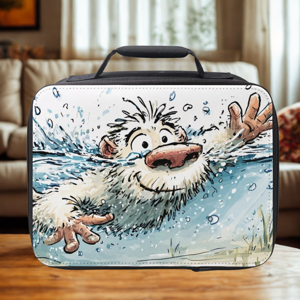 Lunch bag with a cartoon sasquatch character design on a wooden table in a living room