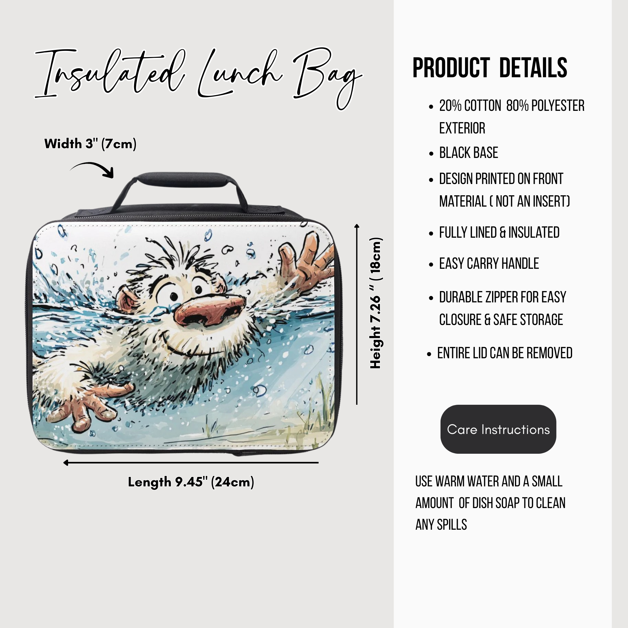 Insulated lunch bag with a character design, featuring dimensions and product details.