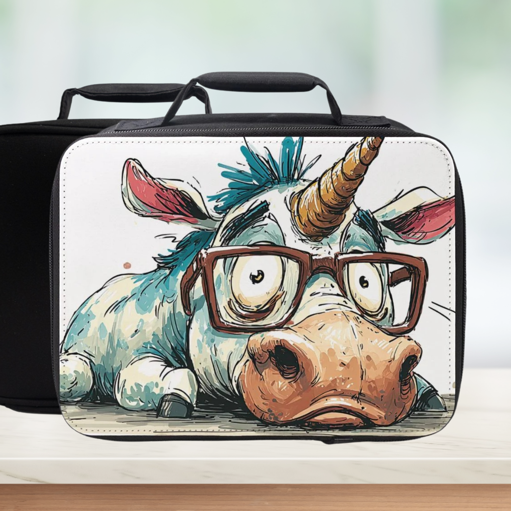Black lunch bag with a cartoon unicorn wearing glasses design on a white background