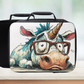 Black lunch bag with a cartoon unicorn wearing glasses design on a white background