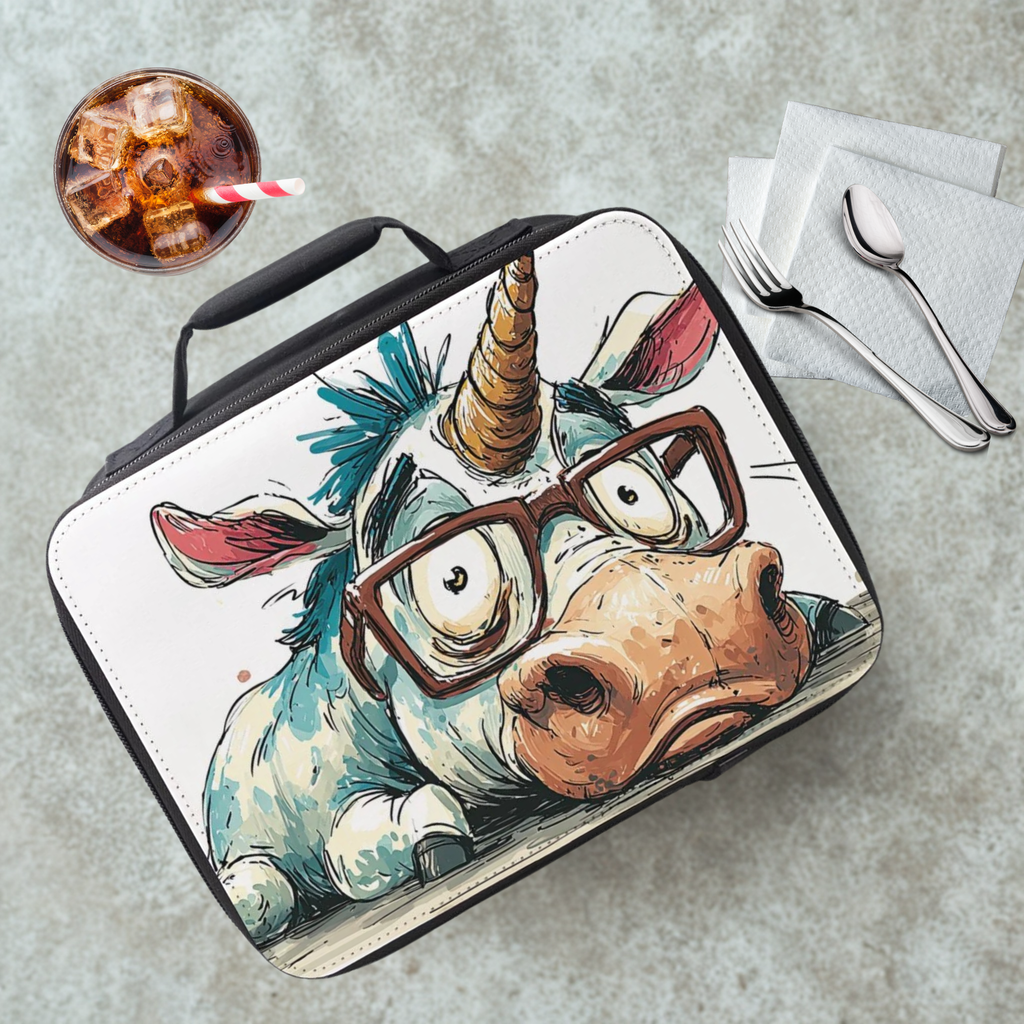  lunch bag with a cartoon unicorn wearing glasses on a cafeteria table  with a drink and utensils.