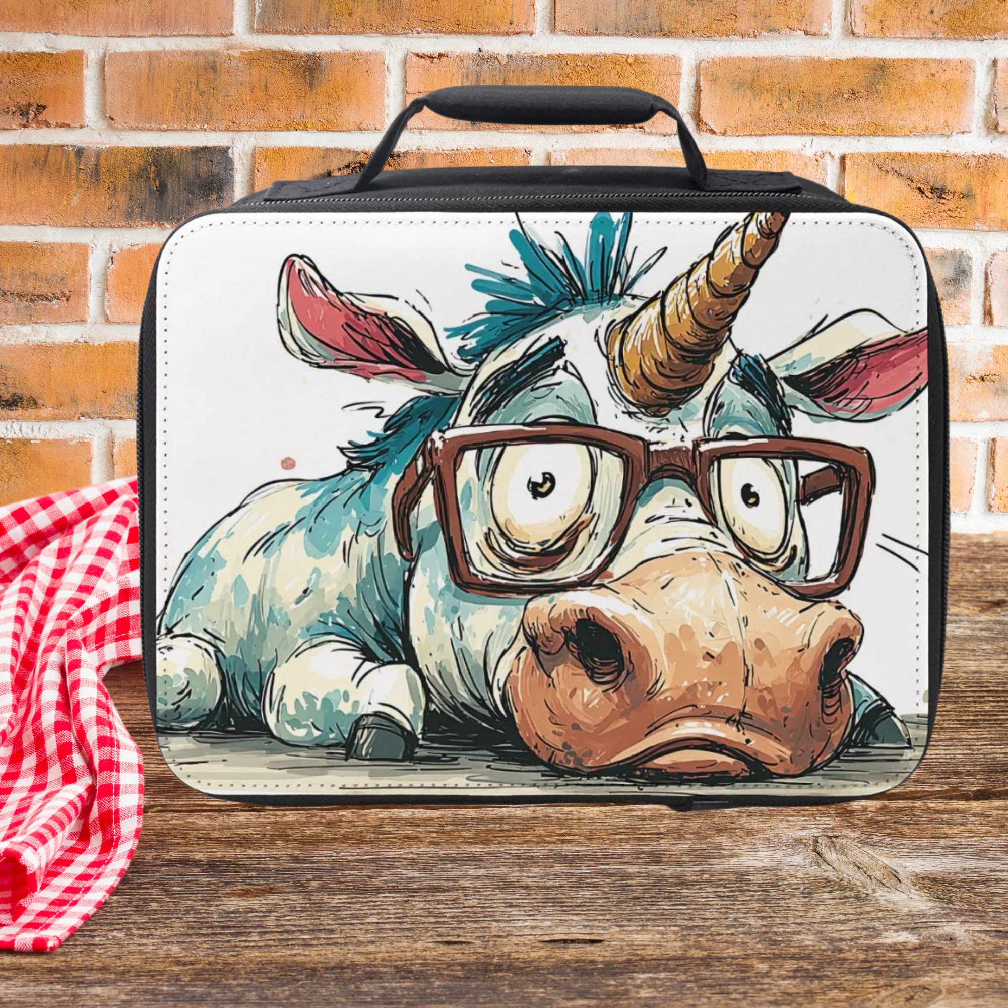 Lunch bag with a cartoon design of a unicorn wearing glasses on a wooden picnic table against a brick wall background