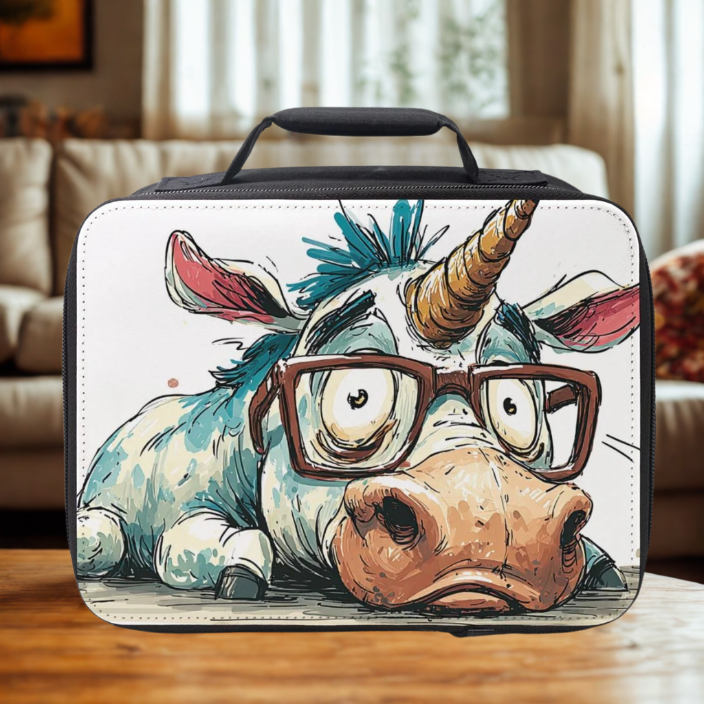  lunch box with a cartoon unicorn design wearing glasses on a wooden table in a cozy living room