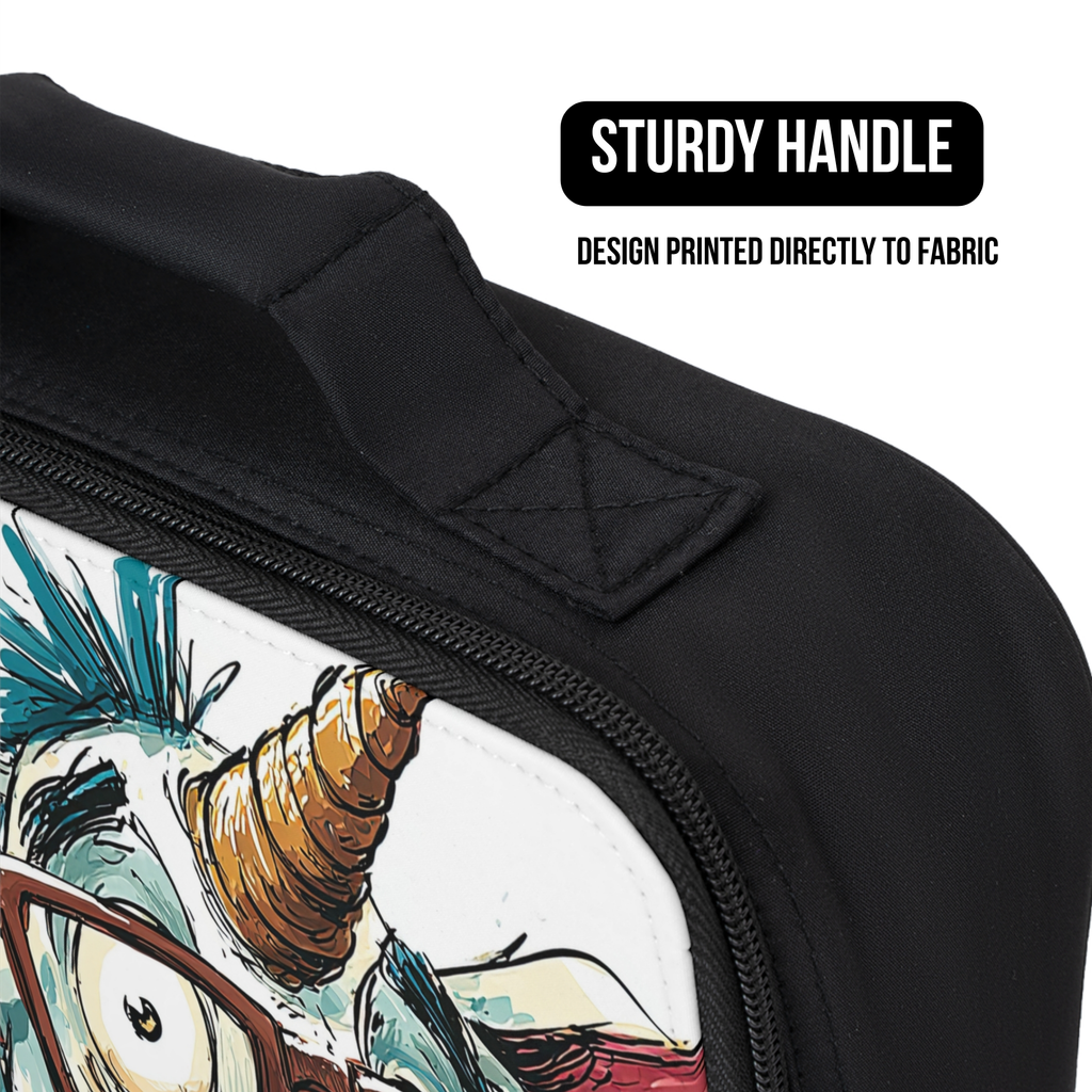 Black lunch bag with a colorful design on the front, featuring a sturdy handle and text indicating design printed directly to fabric.